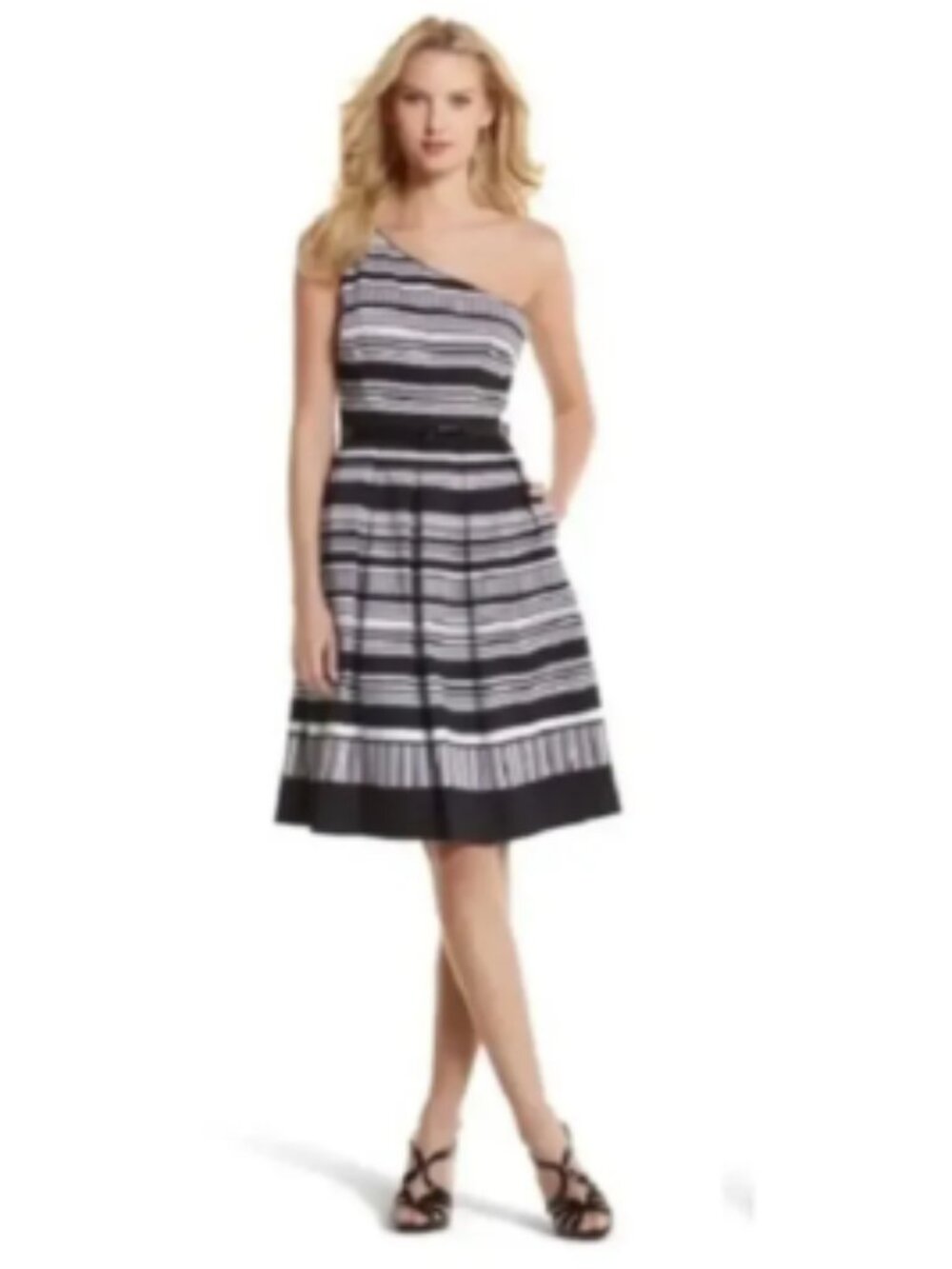 White House Black Market One-Shoulder Fit & Flare Dress, Black & White - Size 10